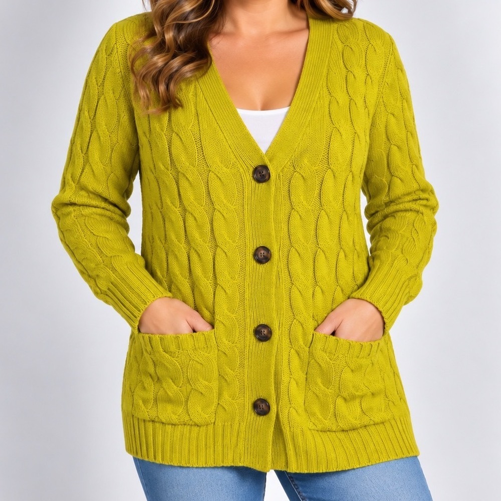 Chartreuse Cable Knit Cardigan Small Longline Button Front Chunky Pocket Sweater